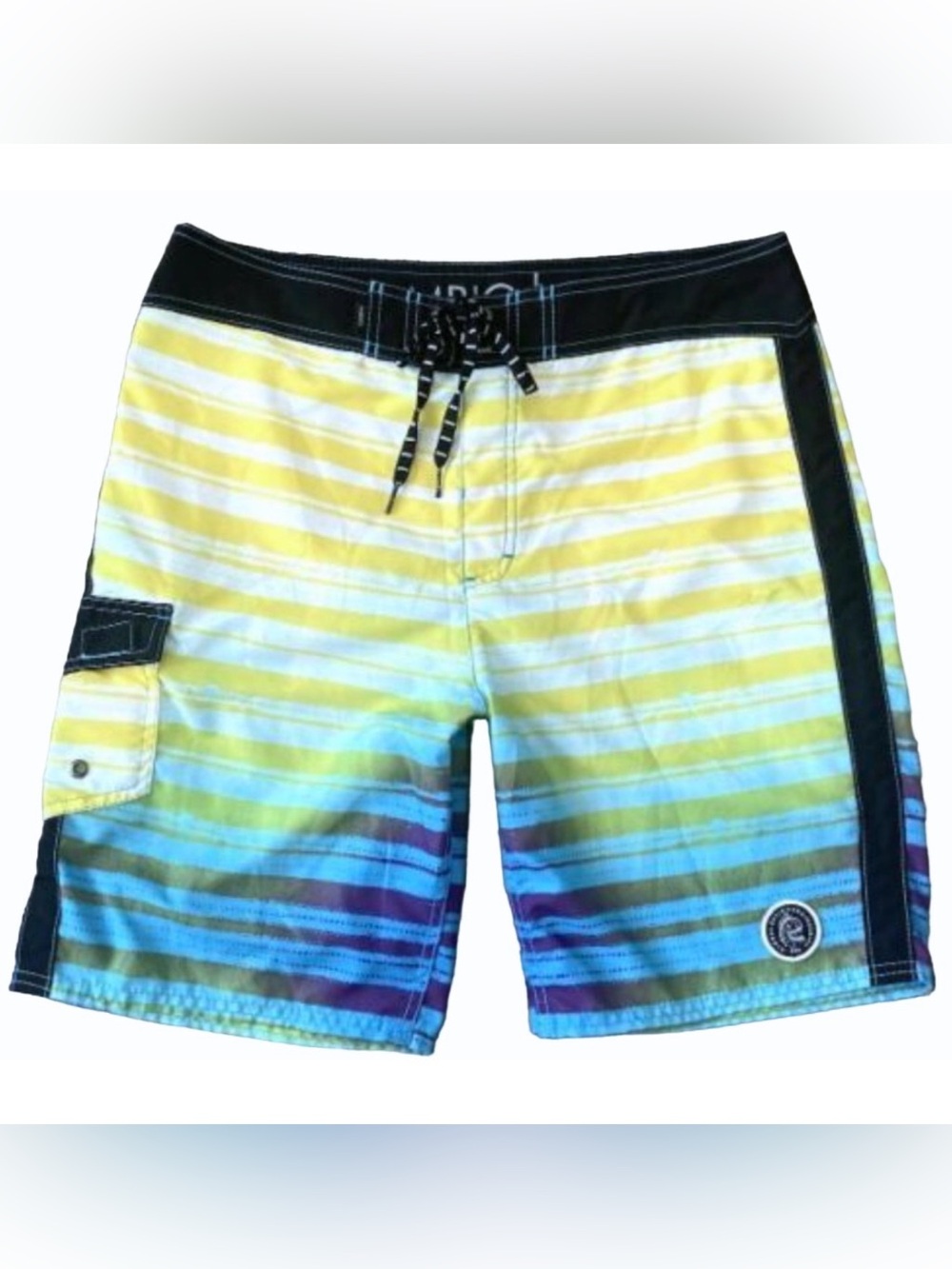 NEW AMBIG BLUE YELLOW BLACK STRIPE BOARDSHORT SHORTS SIZE 32